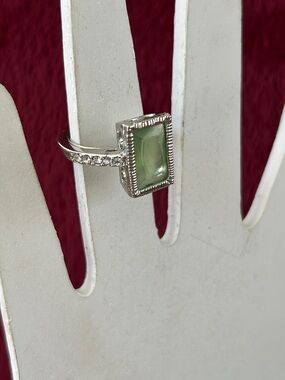 Silver tone Ring with Rectangular Light Green Gemstone and Pavé Band adjustable